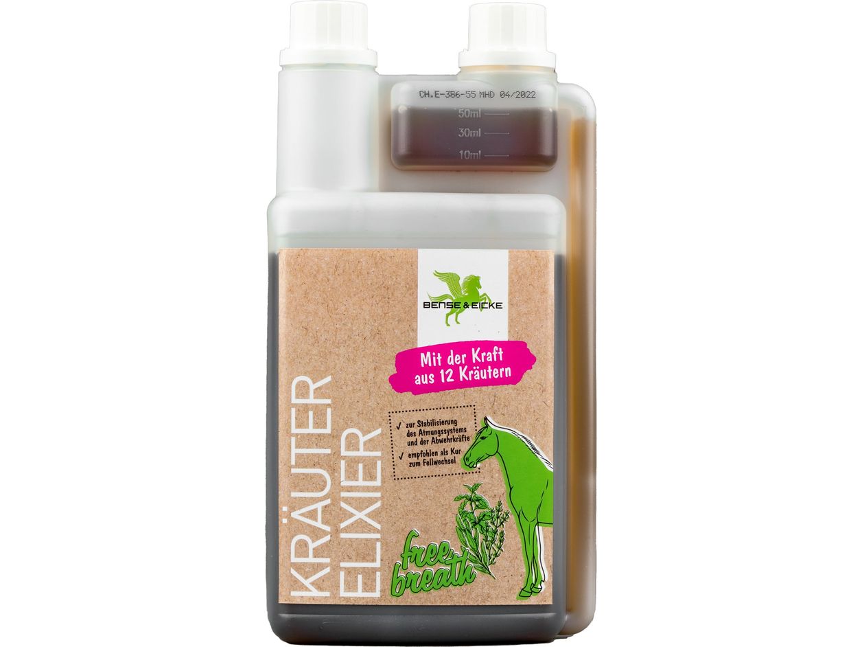 Kräuter Elixier von Bense & Eicke zur Stabilisierung des Atmungssystems und der Abwehrkräfte Deiner Pferde und Ponys