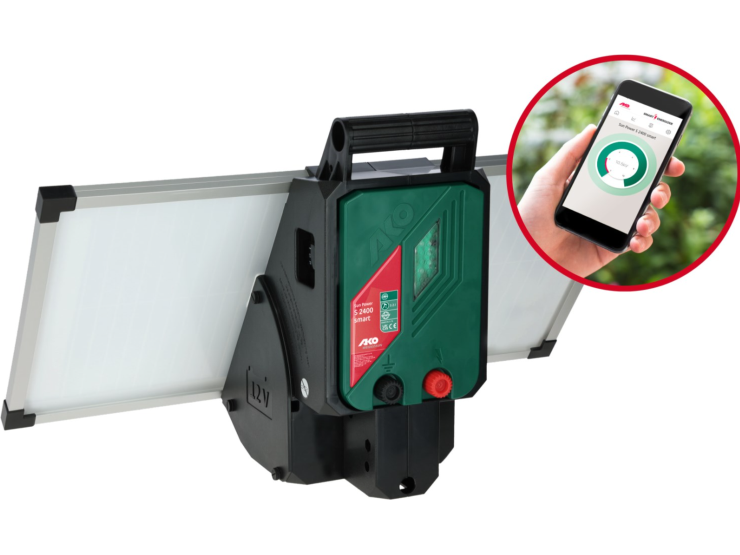 Das 12V Weidezaungerät AKO Sun Power S 2400 smart ist ein sehr leistungsstarkes Allround-Kompakt-Solargerät und verwendbar von leichtem bis mittlerem Bewuchs sowie universell für alle Standardzäune geeignet – ideal für Pferde- und Rinderweiden, Ziegen, Schafe