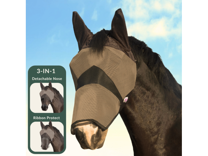 KM Elite Combat Fliegenmaske 3-in-1 mit abnehmbarem Nasenteil, Vorderansicht am Pferd