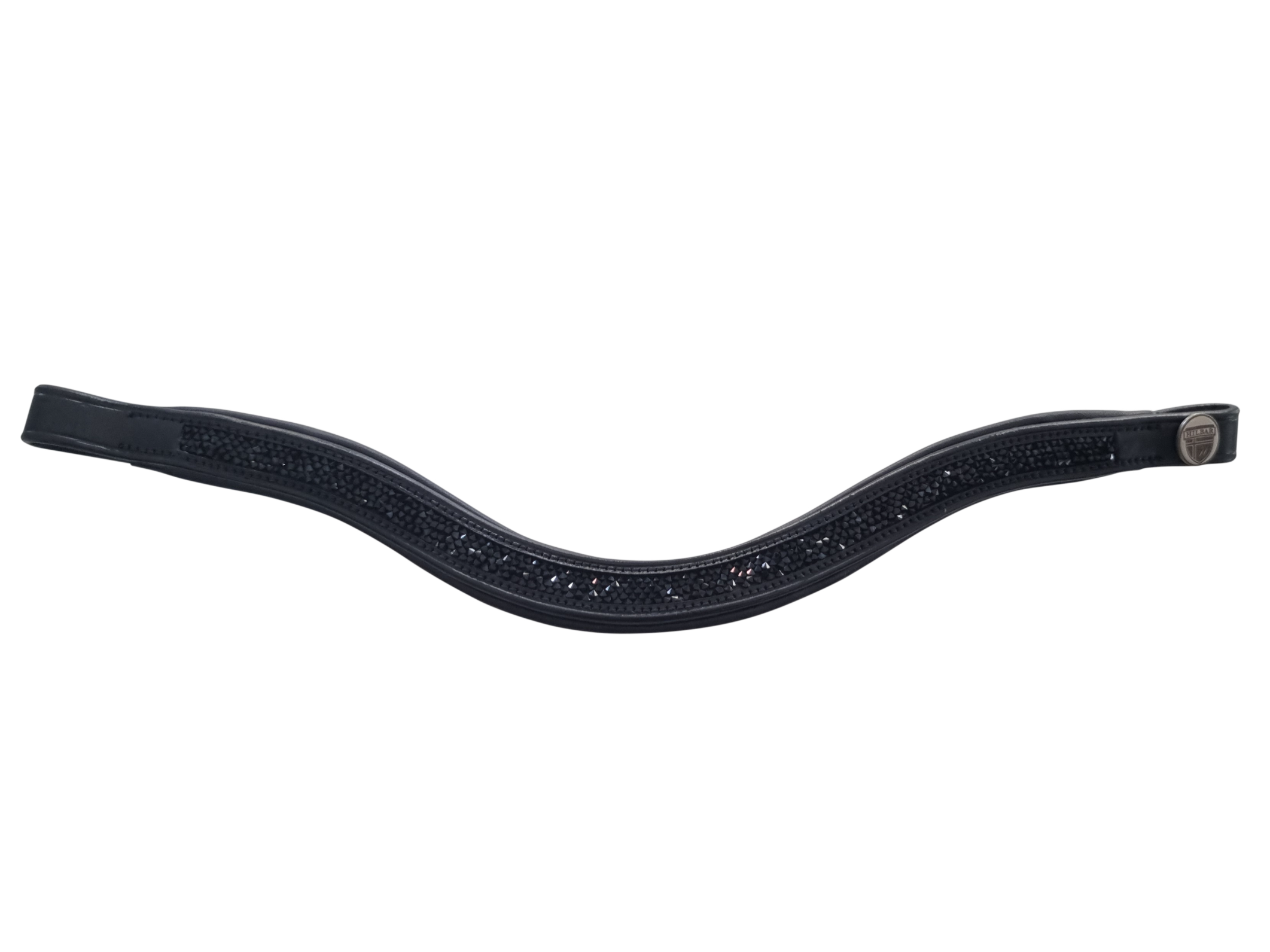 Der stilvoll funkelnde, geschwungene Stirnriemen Black Rocks von Hilbar, wird aus naturgegerbten Leder gefertigt und sichert Deine Royal Exklusiv Trense zuverlässig gegen Verrutschen