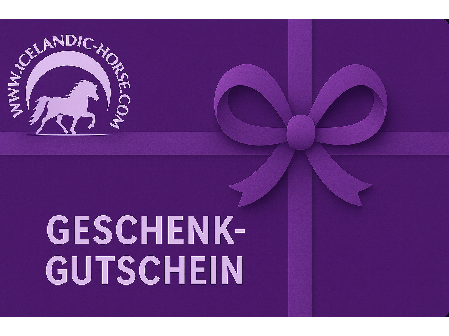 Lila Geschenkgutschein von Icelandic-Horse.com mit Logo und dekorativer Geschenkschleife im hochwertigen Reit-Design für Pferdefreunde.