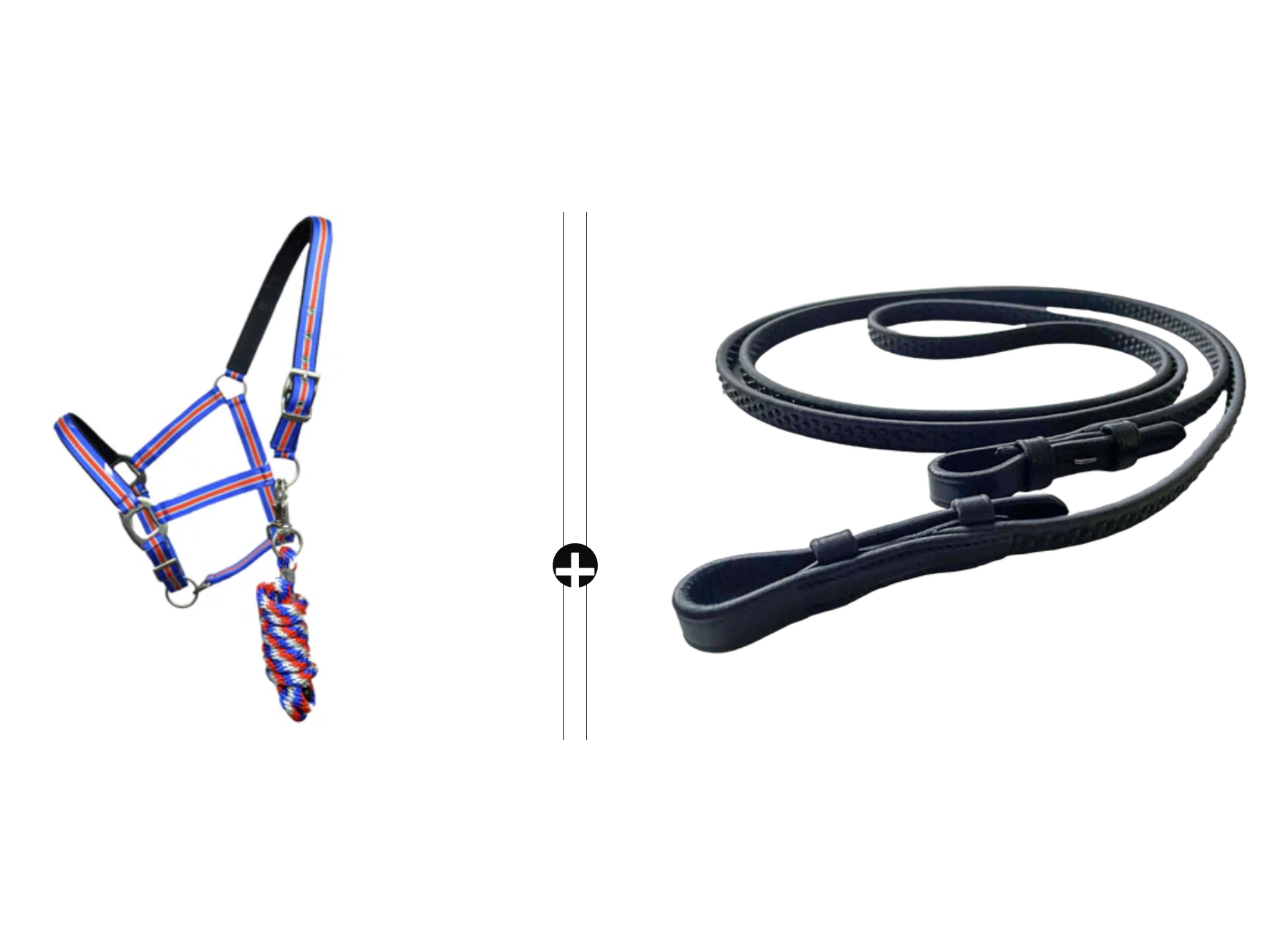 Sorge für den ganz besonderen Island-Look, mit dem verstellbaren Nylonhalfter und dem passenden Baumwollstrick in Islandfarben  Der gut in der Hand liegende, genoppte und mit Zaumhaken versehene Zügel, wird aus dem hochqualitativen und handfreundlichen Biothane® Material gefertigt