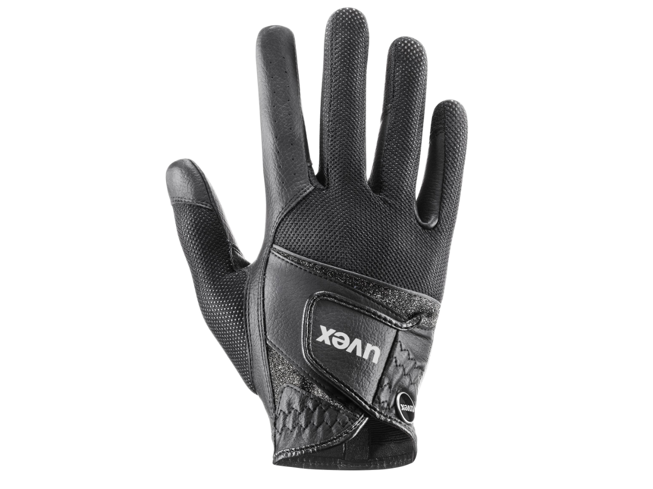 Der Reithandschuh Sumair Glamour von uvex bietet maximalen Halt und feines Zügelgefühl, dank rutschfestem PU-Material und atmungsaktivem Mesh – glänzendes Kunstleder und edle Glitzerdetails für alle, die ein gutes Händchen beweisen