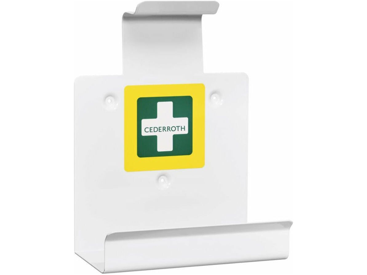 Robuste, stabile Wandhalterung aus Blech zur einfachen Montage an der Wand. Passend zum strapazierfähiger Erste Hilfe Koffer, gemäß DIN 13157.