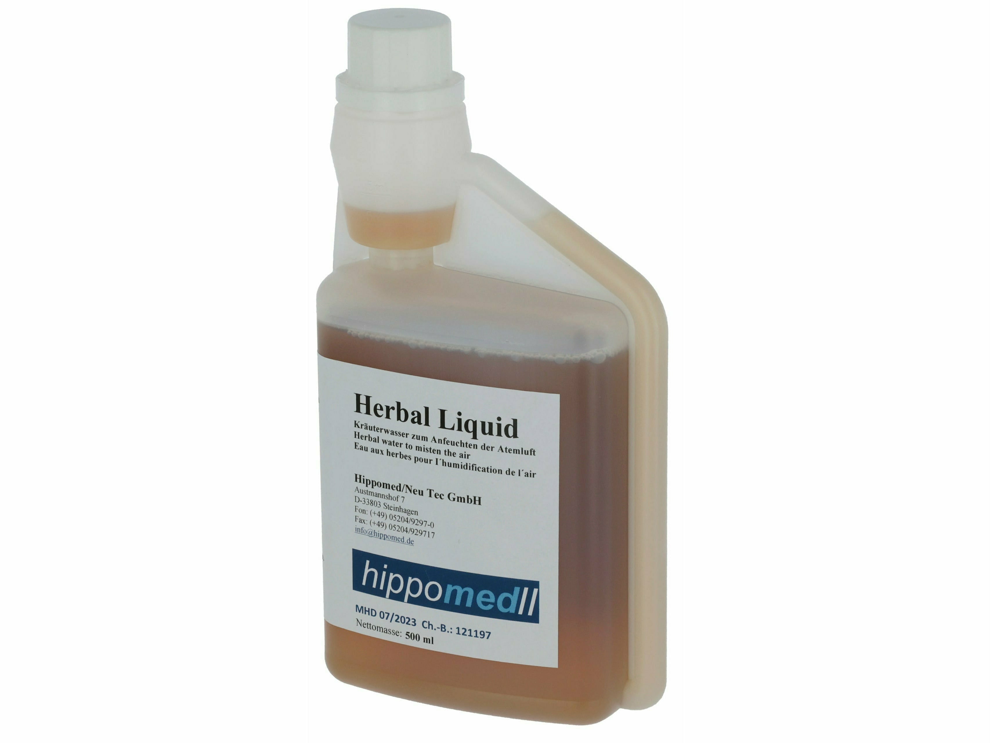 Kräuterwasser zum Anfeuchten der Atemluft für Pferde.  Anwendungsempfehlung:  1 x täglich 10 ml Herbal Liquid mit 30 - 40 ml steriler 0,9 %iger Kochsalzlösung mischen und vernebeln oder verdampfen.