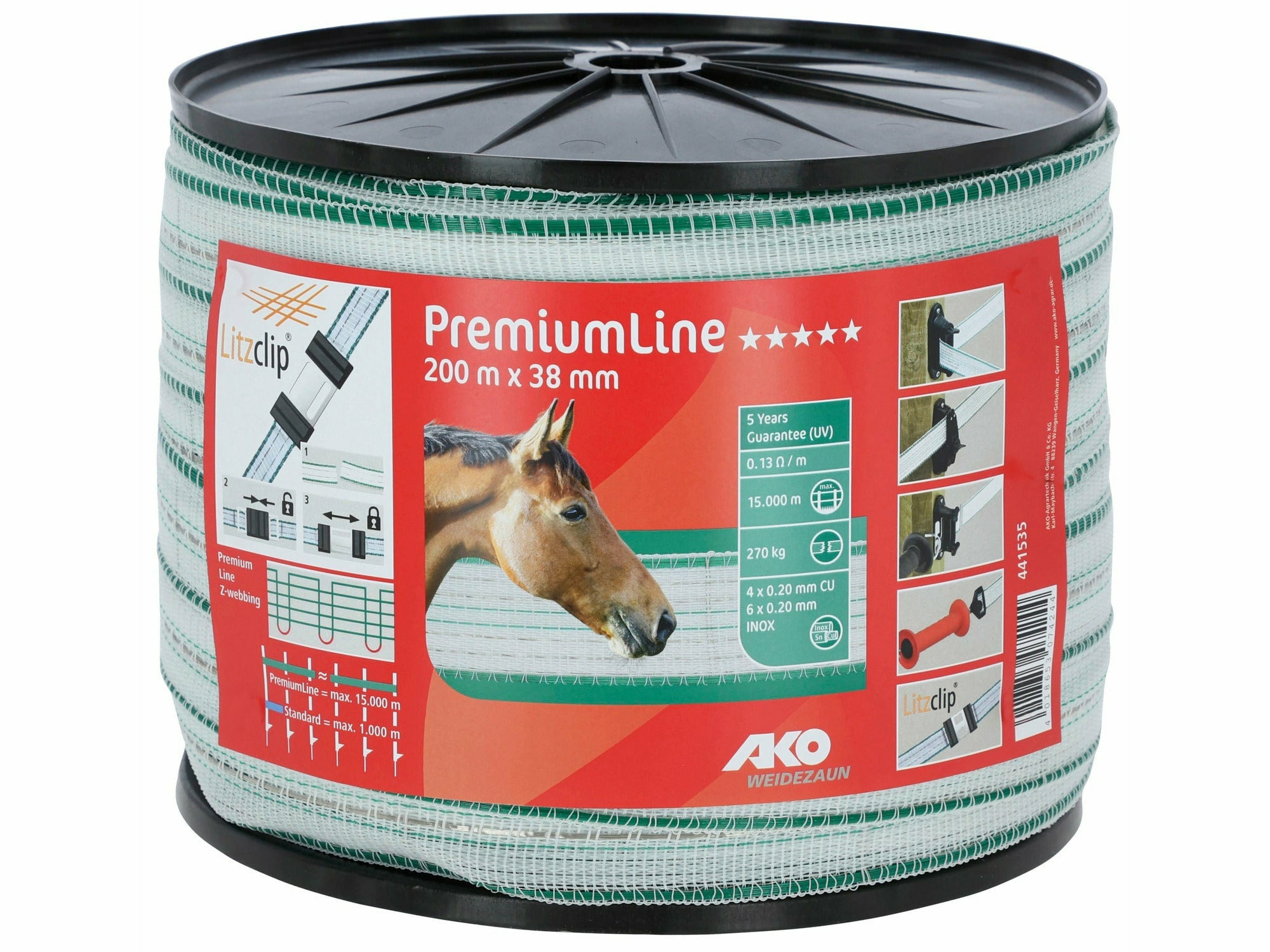 AKO Premium Weidezaunband der PremiumLine garantiert höchste Leitfähigkeit sowie höchste Hütesicherheit Deiner Pferde, auch bei sehr langen Zäunen Durch die Verwendung von dicken, verzinnten Kupferleitern wird eine 40 x höhere Leitfähigkeit gegenüber herkömmlichen Leitermaterialien erreicht.