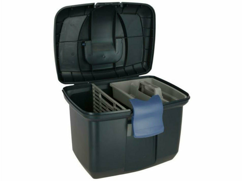 Putzbox "Master" große Putzbox mit praktischer Inneneinteilung  Trennwand sichert aufrecht stehende Flaschen herausnehmbares Kleinteilefach Pinselhalter stabiler Frontverschluß große Putzbox in moderner Form- und Farbgebung durch die optimalen Maße und einer zusätzlichen Trennwand finden auch aufrecht gestellte Flaschen ihren Platz