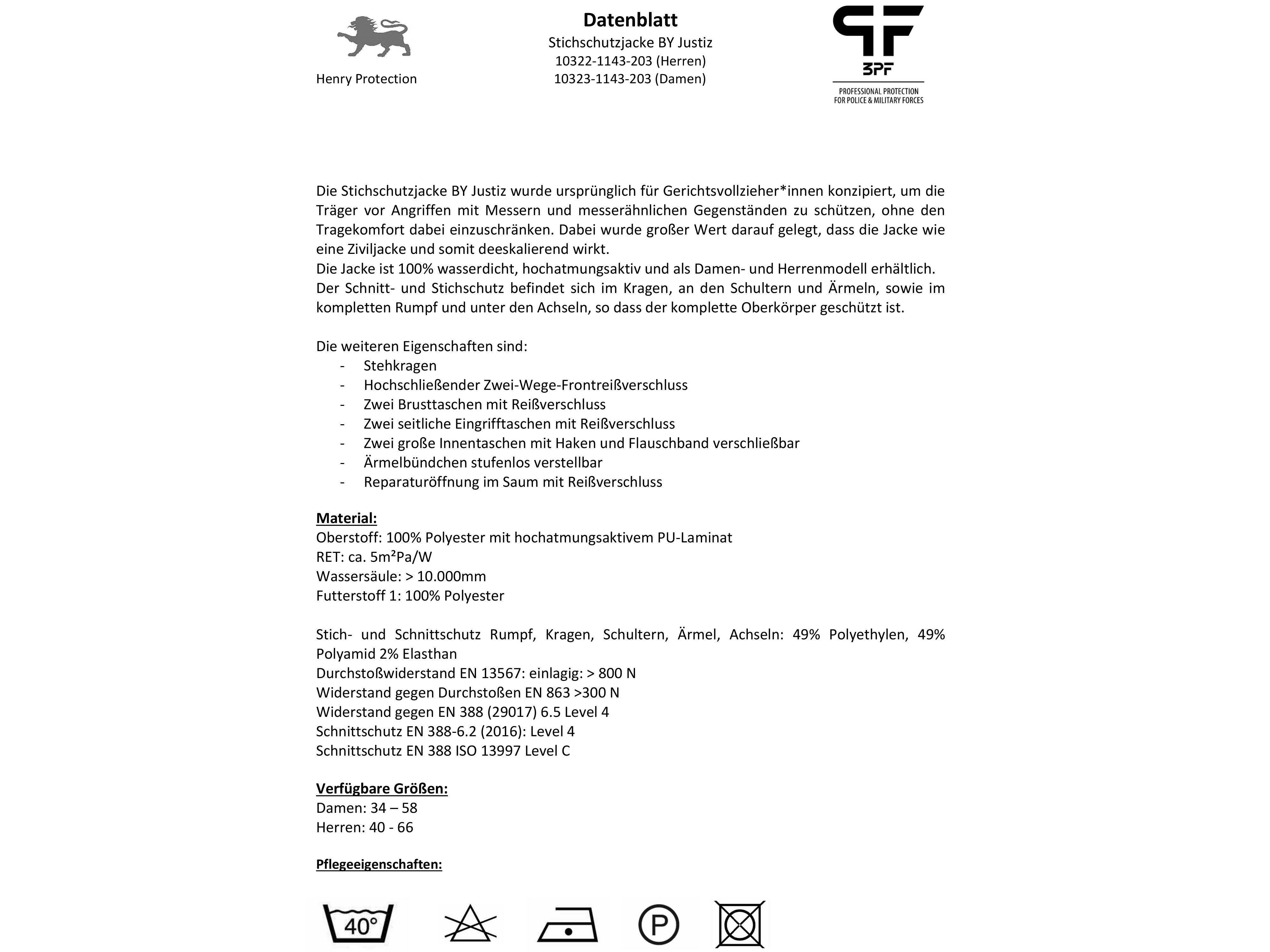 Datenblatt 3PF Stichschutzjacke BY Justiz, Damenmodell, Material- und Schutzwerte, Pflegehinweise