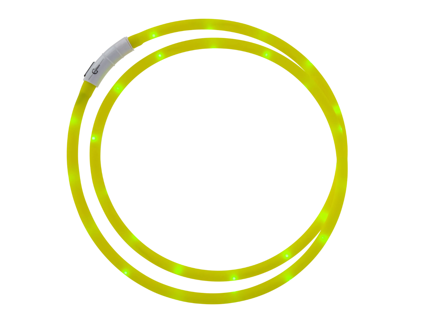 Halsring LED für Pferde. Sicher unterwegs und besser sichtbar: Wasserfester LED-Halsring mit gelbem Band für optimale Sichtbarkeit bis zu 500 m – für mehr Sicherheit beim Reiten.