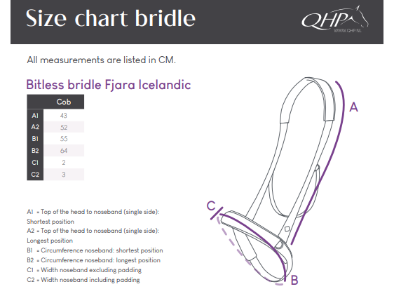 QHP Größentabelle gebisslose Trense Fjara Icelandic Cob mit A1, A2, B1, B2, C1 und C2