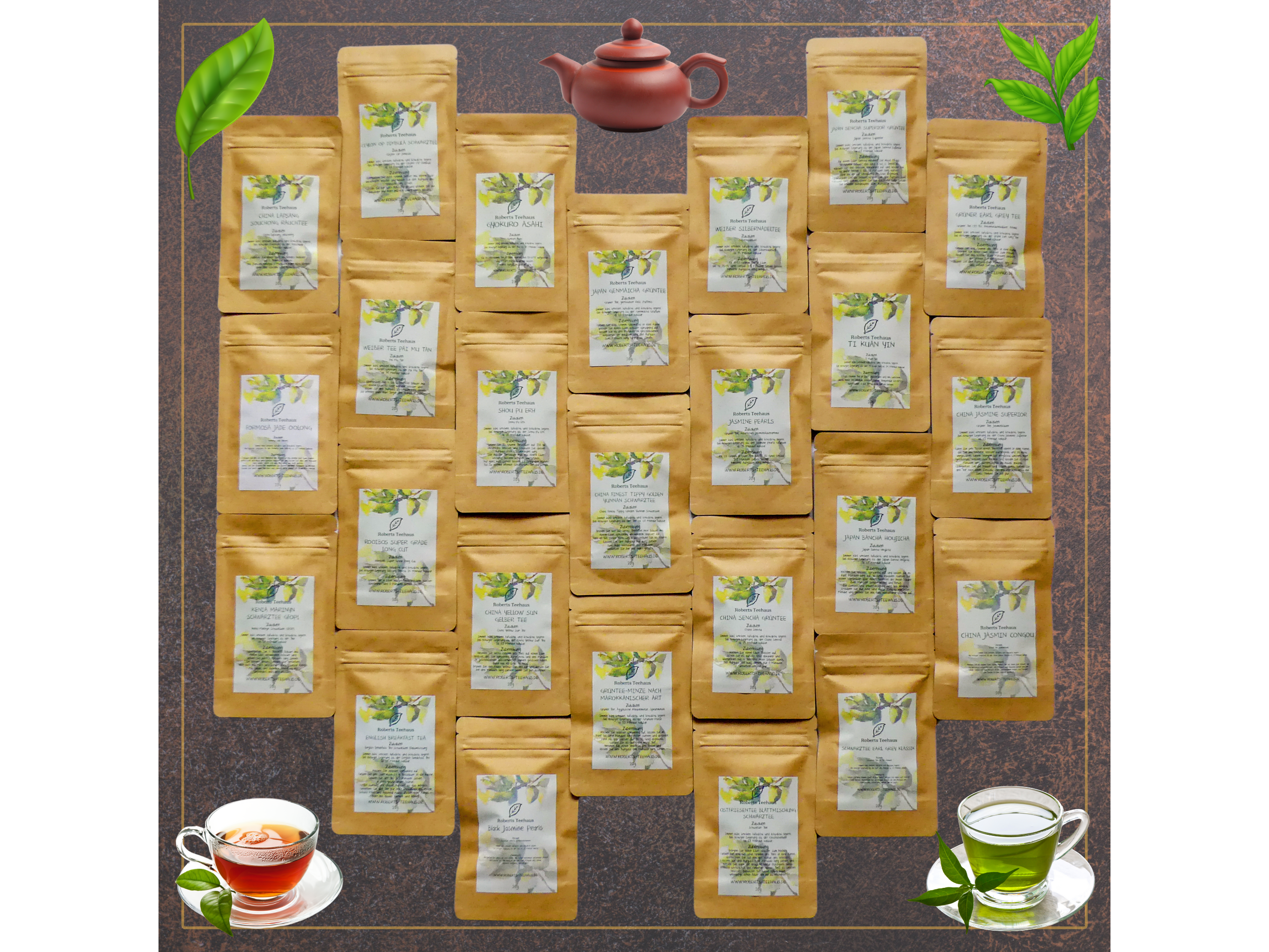 Probierpaket: Von jeder der 25 angebotenen Teesorten 20 Gramm
