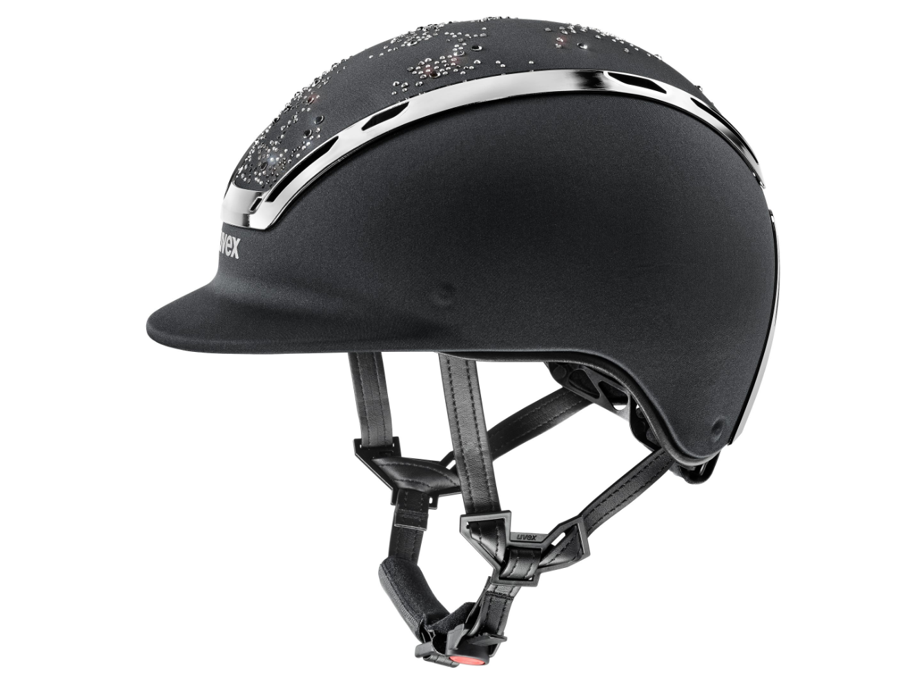 Eine Kaskade applizierter Swarovski®-Kristalle, umgeben von einem edlen Chromrahmen, ziert das Top dieses eleganten Reithelms Exxeed Diamond von uvex – ein Sternenhimmel für Höchstleistungen