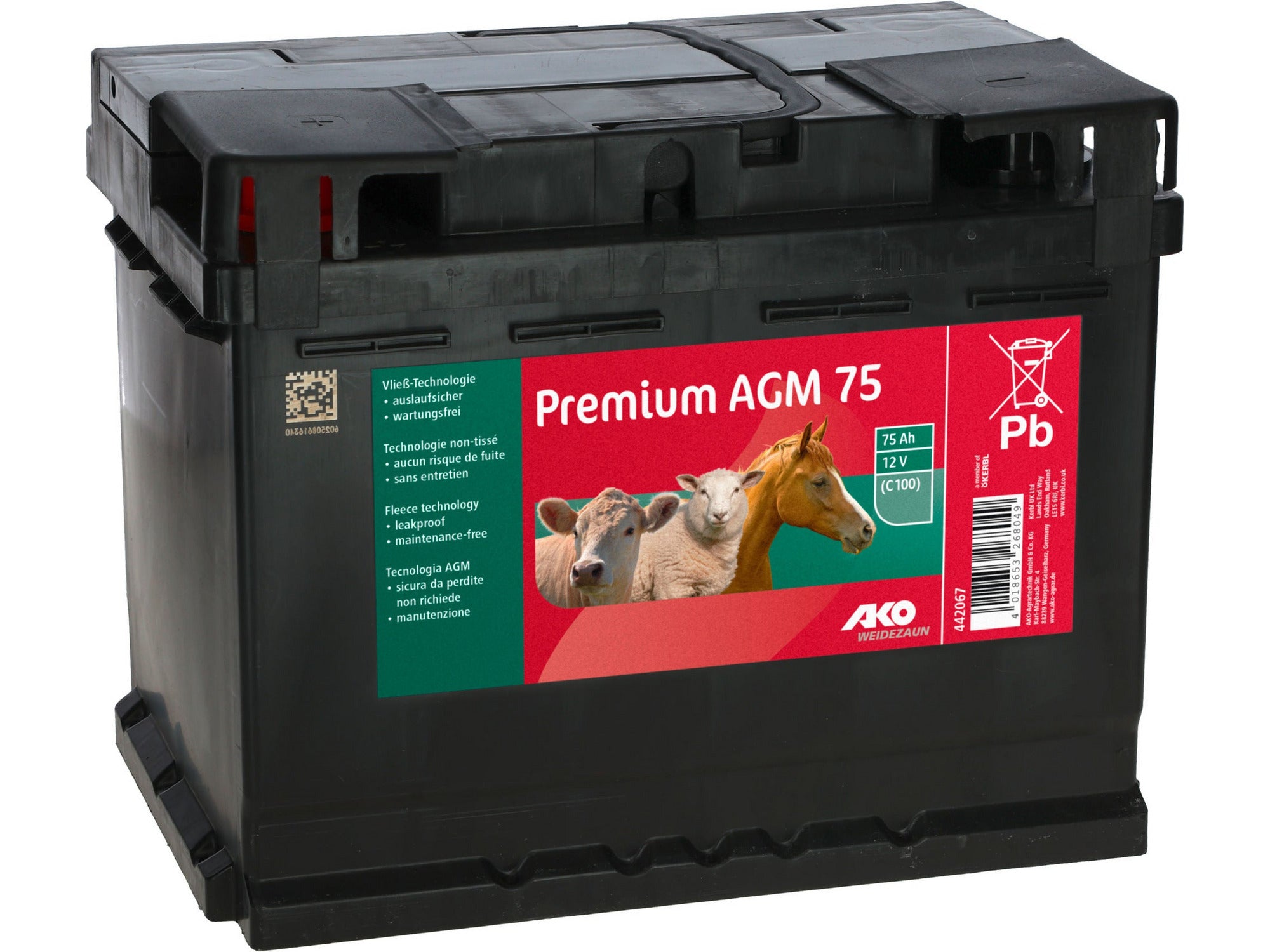 Der AKO Premium AGM Akku für Weidezaungeräte ist sofort einsatzbereit ✔ keine Säure erforderlich ✔ absolut auslaufsicher ✔ wartungsfrei - anwenderfreundlich Die neue Alternative zu gängigen Blei-Säure Batterien. Durch die AGM Vließ-Technik wird der Umgang mit Batteriesäure überflüssig.