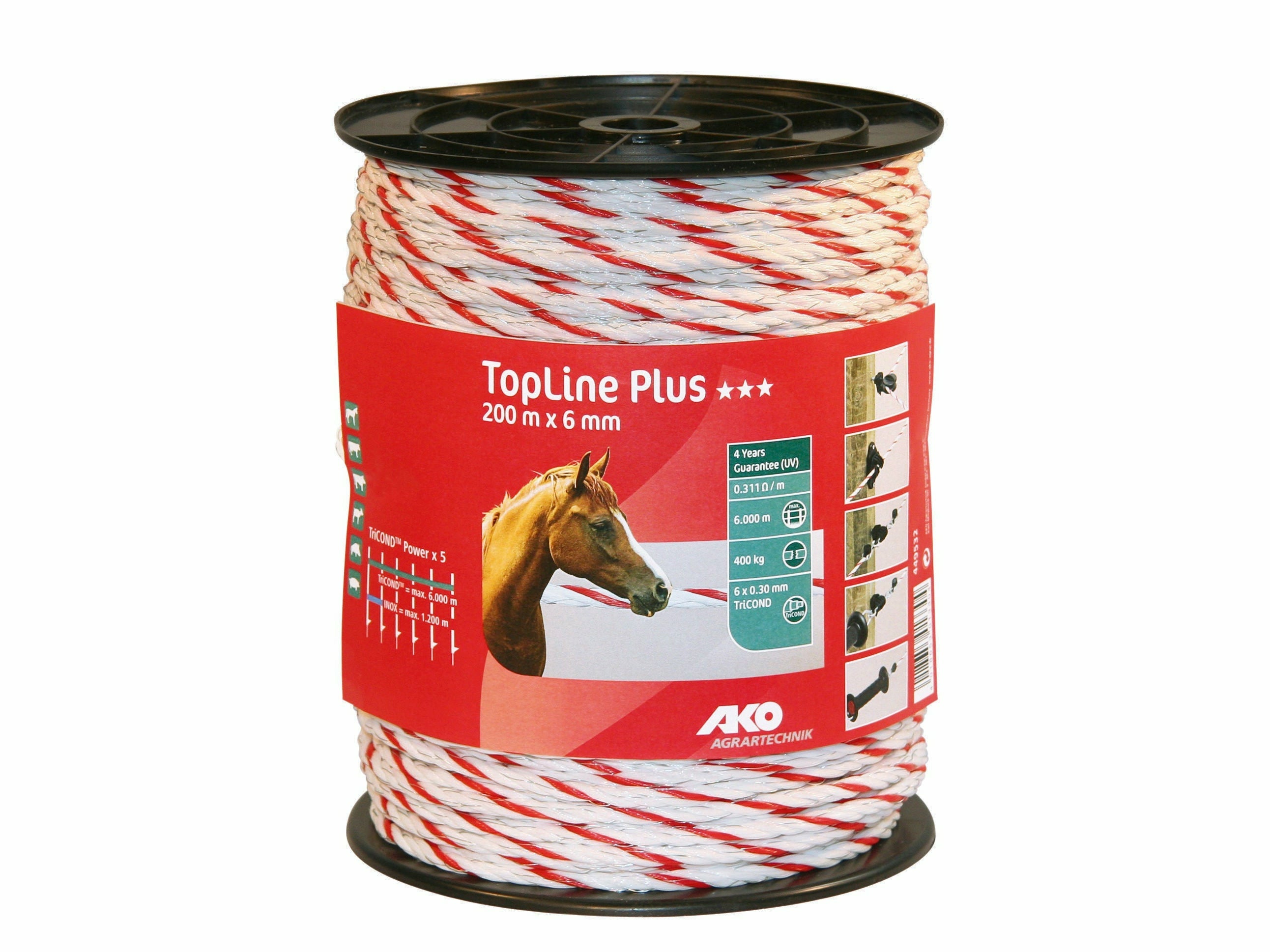 Das TopLine Plus Seil von AKO garantiert eine hervorragende Leitfähigkeit sowie eine sehr lange Haltbarkeit bei mittleren bis langen Zaunanlagen - bestens geeignet für Deine Pferdeweide oder Deinen Offenstall
