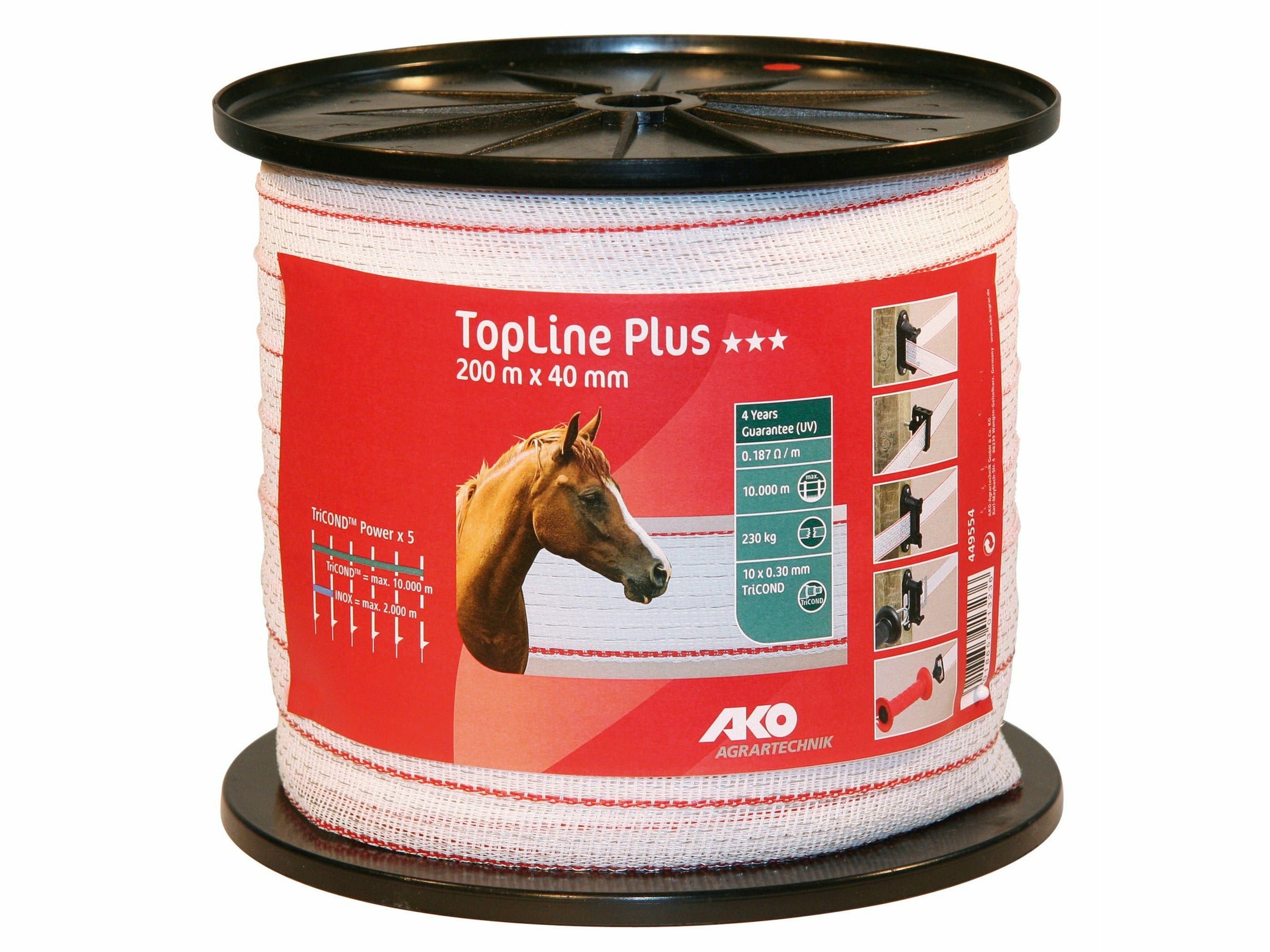 Das TopLine Plus Band von AKO garantiert eine hervorragende Leitfähigkeit sowie eine sehr lange Haltbarkeit bei mittleren bis langen Zaunanlagen - bestens geeignet für Deine Pferdeweide oder Deinen Offenstall