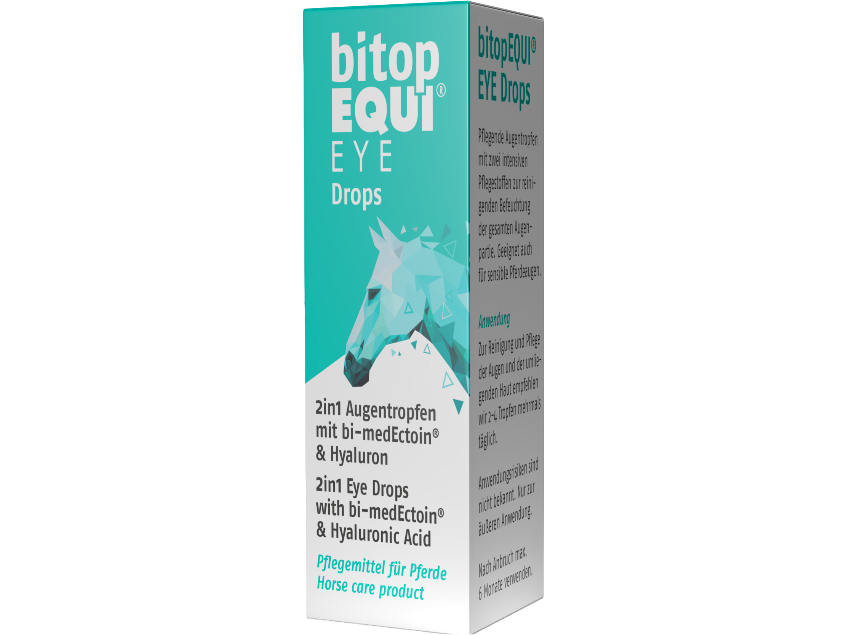 2in1 Augentropfen mit bi-medEctoin® und Hyaluron – bitopEQUI® EYE Drops sind Augentropfen mit zwei intensiven Pflegestoffen zur reinigenden Befeuchtung der gesamten Augenpartie Geeignet auch für sensible Pferdeaugen.