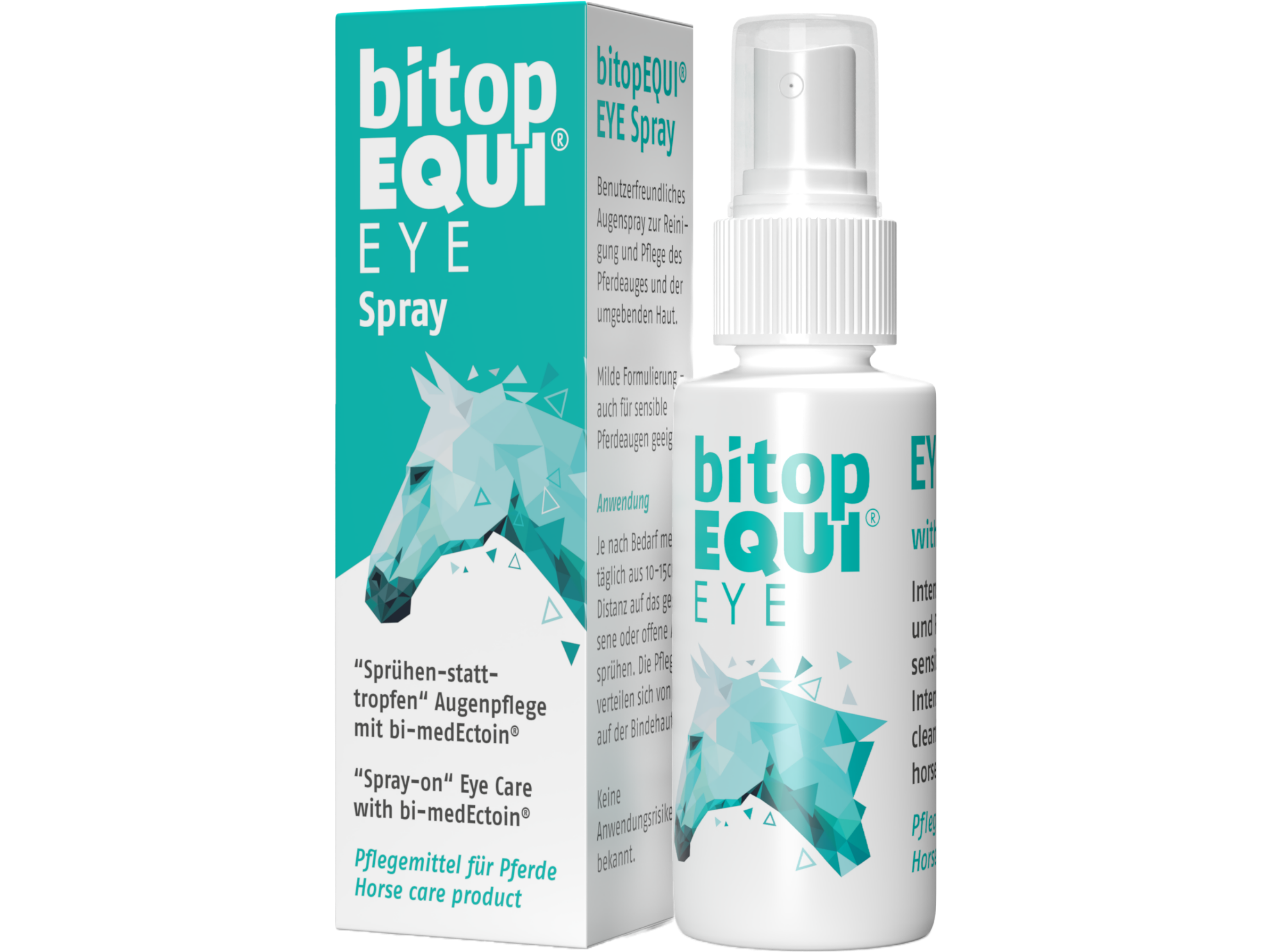Sprühen statt Tropfen – das bitopEQUI® EYE Spray ist ein benutzerfreundliches Augenspray zur Reinigung und Pflege des Pferdeauges und der umgebenden Haut Milde Formulierung - auch für sensible Pferdeaugen geeignet.